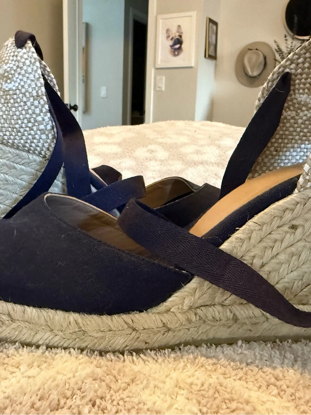 Navy Espadrille Wedge Ankle-Tie Sandals - never worn
